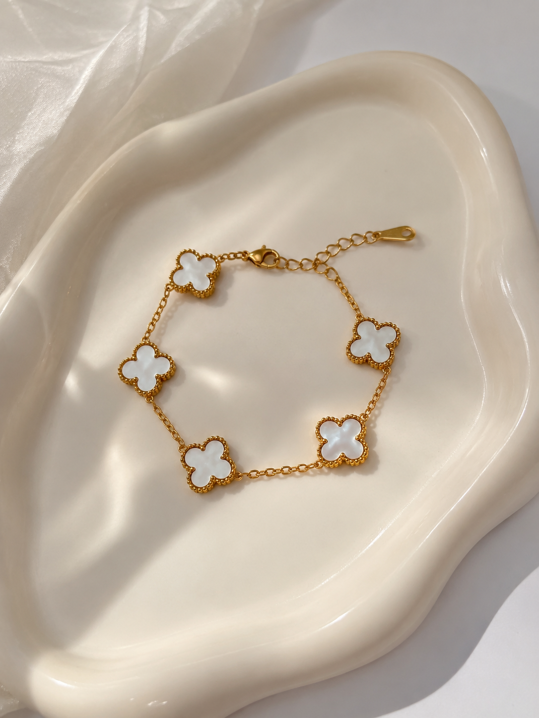 Gold Plated White Anti Tarnish Clover Bracelet