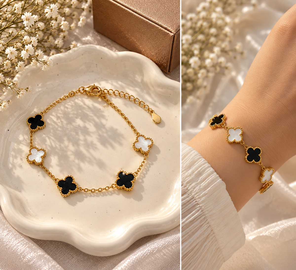Gold Plated Black White Anti Tarnish Clover Bracelet